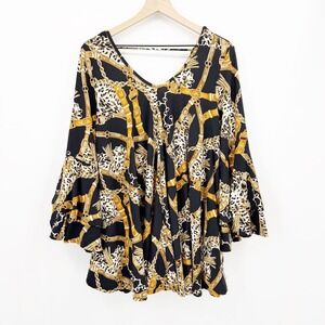 Baroque Chain Leopard Tunic XL Black Gold Bell Sleeve Pockets Mob Wife Y2k Glam